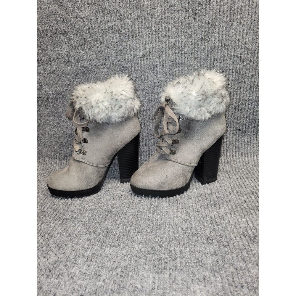 Charlotte Russe Shelby Grey Faux Suede Faux Fur Lace Up Block Heel Ankle Boots 6